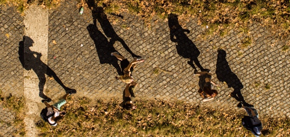 Birdseye view of people walking, their shadows cast long on the ground
